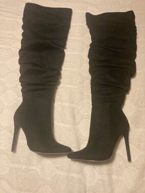 New, With Tags NADINE Black Suede Slouchy Knee-High Stiletto Boots